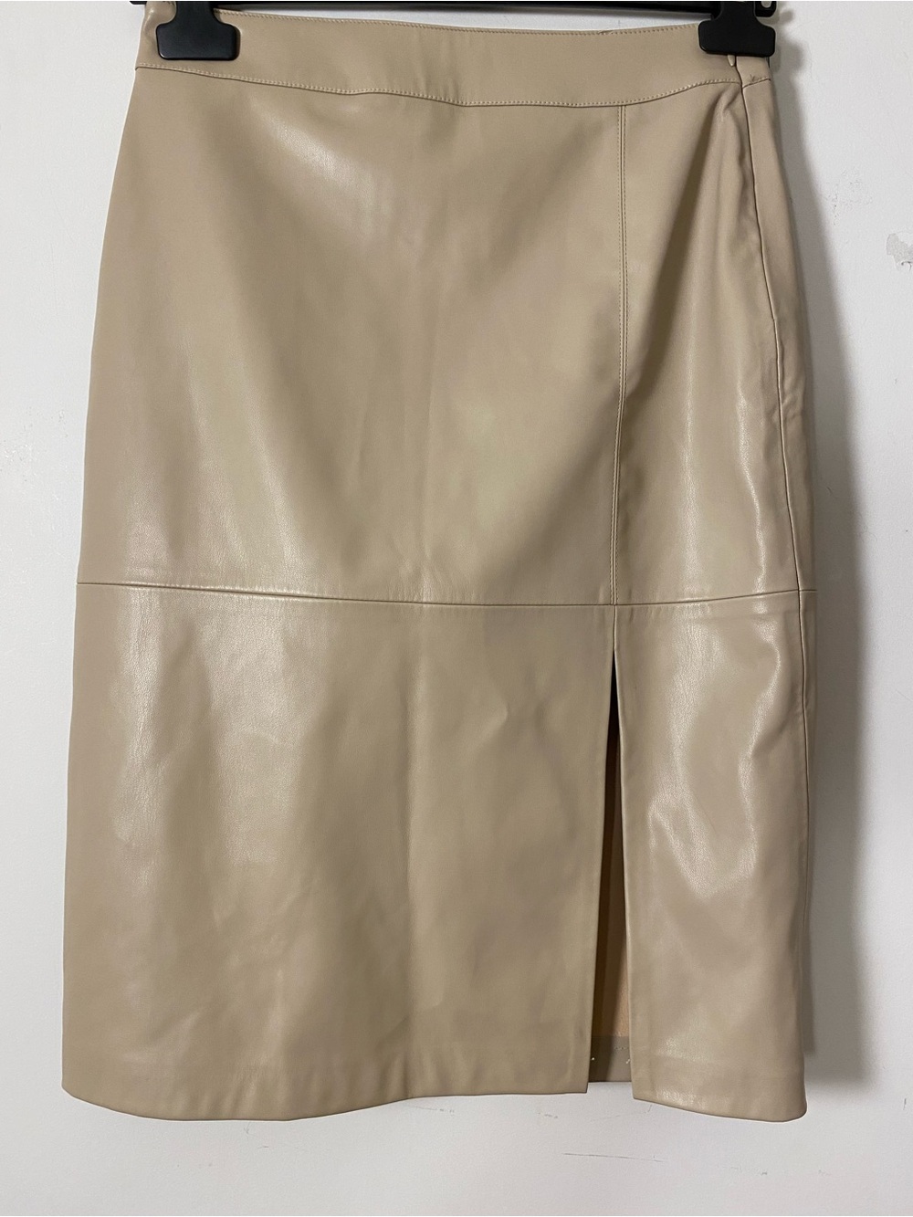 Suzy Shier Beige Faux Leather Pencil Skirt with Side Slit